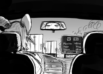 annoyed anthro car driving female horn inside_car inside_vehicle rearview_mirror road_sign sign solo vehicle hladilnik goat_barmaid_(hladilnik) bovid caprine goat mammal 2025 black_and_white hi_res monochrome