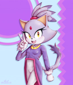 accessory anthro arm_tuft biped black_markings black_nose breasts clothed clothing countershade_face countershading dipstick_tail female forehead_gem front_view gem gesture green_eyes grey_body grey_hair hair hair_accessory hand_gesture looking_at_viewer markings open_mouth open_smile purple_clothing simple_background small_breasts smile solo standing tail tail_markings teeth tongue tuft v_sign white_body white_clothing white_countershading wrist_tuft vadamecox sega sonic_the_hedgehog_(series) blaze_the_cat domestic_cat felid feline felis mammal 2025 absurd_res hi_res