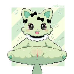 blush body_blush bow_on_head bow_ribbon chibi clothing fangs female female_feral feral freckles frilly frilly_clothing front_view fur genitals green_background green_body green_fur heart_inner_ear heart_pawpads looking_at_viewer open_mouth open_smile pattern_background pawpads paws pink_sclera plump_labia presenting presenting_vulva quadruped simple_background smile solo spread_legs spreading star_in_pupils striped_background tail teeth text vulva vulva_blush white_background zyuuniie beatcats sanrio sega sega_fave emma_(beatcats) domestic_cat felid feline felis mammal 1:1 2026 artist_name cel_shading digital_drawing_(artwork) digital_media_(artwork) hi_res shaded
