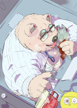 anthro blush clothing computer detailed_background duo electronics eyewear glasses humanoid_hands kemono male overweight overweight_male shirt tongue tongue_out topwear tachiuo bear canid canine mammal 2022 absurd_res hi_res