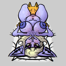 big_breasts blonde_hair breasts cunnilingus female freckles hair mature_female nipples oral orange_body purple_body sex thick_thighs vaginal wide_hips canid canine felid feline mammal hi_res