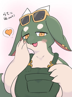 3_fingers anthro apron big_breasts blush blush_lines blush_stickers breasts circle_eyebrows clothing curled_tail ear_piercing ear_ring eyebrows eyewear eyewear_on_head female fingers floppy_ears green_apron green_body green_clothing half-closed_eyes hand_on_breast hand_on_cheek heart_symbol horn kemono multicolored_body narrowed_eyes non-mammal_breasts open_mouth open_smile orange_eyes orange_heart piercing pupils ring_piercing side_boob slit_pupils smile snout solo speech_bubble sunglasses sunglasses_on_head tail tan_body text thick_tail wearing_sunglasses white_eyebrows dotsu_do2 mythology latte_(sme4) dragon mythological_creature mythological_scalie scalie 2026 3:4 half-length_portrait hi_res japanese_text portrait