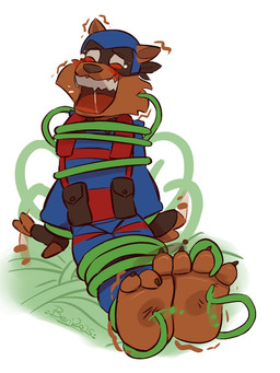 3_toes anthro armor barefoot black_clothing black_fingerless_gloves black_gloves black_handwear blue_clothing bodily_fluids brown_body brown_fur cheek_tuft claws clothed clothed_anthro clothed_male clothing crying_laughing facial_tuft feet fingerless_gloves foot_fetish fur fur_tuft gloves handwear headgear helmet laugh male open_mouth open_smile pouch_(clothing) simple_background smile solo tears teeth tentacles tickle_fetish tickle_torture tickling tickling_feet toe_claws toes tongue tuft vine_bondage vine_tentacles white_background benj24 hanna-barbera swat_kats jake_clawson razor_(swat_kats) domestic_cat felid feline felis mammal 3:4 hi_res
