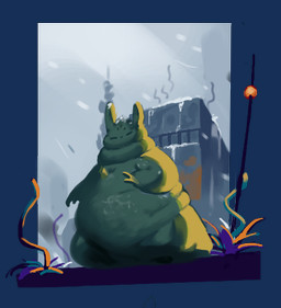 ambiguous_gender anthro belly big_belly blizzard_(weather) building dewlap_(anatomy) eyes_closed green_body lamp lantern overweight overweight_ambiguous overweight_anthro plant pole snow solo squish citrusslugcat rain_world videocult saint_(rain_world) slugcat alpha_channel low_res