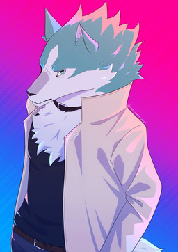 anthro belt bottomwear clothing coat fur gradient_background male multicolored_body multicolored_fur pants shirt simple_background solo topwear trenchcoat oimo_osato_(artist) brand_new_animal netflix studio_trigger shirou_ogami canid canine canis mammal wolf 2021 absurd_res hi_res signature
