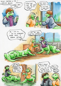 10_legs 3_toes 4_fingers arms_bent back_groove backpack big_hands black_clothing black_shirt black_t-shirt black_topwear blonde_hair blue_clothing blue_coat blue_sky blue_topwear bottomless brown_hair building claws clothed clothing coat day desk dialogue door earless excited eye_contact eyes_closed eyewear feet female finger_on_face fingers floor forest furniture gesture glass glass_window glasses green_body green_floor group hair hand_gesture hand_in_hair happy heater holding_object holding_paper inside long_hair looking_at_another looking_at_object looking_back looking_down male motion_lines multi_leg multi_limb open_door open_mouth opening_door orange_claws orange_clothing orange_eyes orange_shirt orange_t-shirt orange_topwear orange_wall paper plant plantigrade purple_clothing purple_sweater purple_topwear quadruped raised_arm reading_paper scarf school shirt short_hair short_tail simple_background sky smile snout speech_bubble sprawling_gait standing straight_hair sweater t-shirt table tail tail_motion tailwag tapering_tail teeth text thick_tail tile tile_floor toes tongue topwear touching_hair tree trio wall_heater wearing_glasses white_background window wood wood_floor cervelet liz_(growing_troubles) school_counsellor_(growing_troubles) simon_(growing_troubles) lizard lizard_taur long_taur reptile reptile_taur scalie scalie_taur taur 2022 comic english_text handwritten_text multiple_scenes painting_(artwork) shaded signature traditional_media_(artwork) traditional_painting_(artwork) traditional_watercolor_(artwork) watercolor_(artwork)
