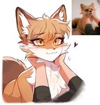 :3 ambiguous_gender anthro blush blush_lines caressing_face chest_tuft disembodied_hand duo eyebrow_through_hair eyebrows eyelashes feral fur hair heart_symbol looking_at_another offscreen_character orange_body orange_fur orange_hair simple_background tail translucent translucent_hair tuft white_body white_fur yellow_eyes 3rdperson_iz canid canine fox human mammal 2024 photography_(artwork) reference_image signature