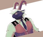 anthro black_body black_fur braided_hair clothing eyewear fur glasses hair horn looking_at_viewer male necktie pecs solo suit topwear vest white_hair is0566 lifewonders tokyo_afterschool_summoners tanngrisnir_(tas) bovid caprine goat mammal bust_portrait portrait