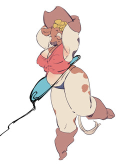 anthro areola areola_outline arms_above_head armwear belly bent_leg big_areola big_breasts big_eyes big_nipples biped black_blush black_body black_eyebrows black_fur black_nose blue_clothing blue_panties blue_underwear blush blush_lines boots breasts brown_armwear brown_body brown_boots brown_clothing brown_cowboy_hat brown_ears brown_elbow_gloves brown_eyes brown_footwear brown_fur brown_gloves brown_handwear brown_hat brown_headwear brown_spots button_(fastener) cleavage cleavage_overflow clothed clothed_anthro clothed_female clothing cowboy_hat cowgirl_position curved_eyebrows ear_tuft elbow_gloves eyebrows eyelashes female flower flower_on_head footwear from_front_position fur fur_tuft gloves hands_behind_head handwear hat headgear headwear iris lasso light_body light_fur long_eyelashes looking_down markings mouth_closed multicolored_body multicolored_fur navel nipple_outline nipples on_bottom on_one_leg on_top panties pantsless plant pose pupils red_clothing red_shirt red_topwear sex shirt shoes simple_background skimpy slightly_chubby slightly_chubby_anthro slightly_chubby_female snout solo spots spotted_body spotted_fur spotted_legs standing straight_leg tail thick_arms thick_thighs three-quarter_view topwear tuft two_tone_breasts underwear white_background white_body white_fur white_sclera white_tail wide_eyed sori0414 bovid bovine cattle mammal 2025 digital_drawing_(artwork) digital_media_(artwork) hi_res