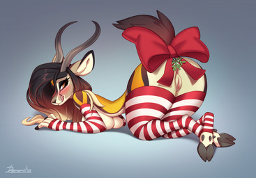 accessory anthro anus arm_warmers armwear ass_up bedroom_eyes big_breasts blush bow_ribbon breast_squish breasts brown_hair butt clothing cloven_hooves crossed_legs female fur furgonomics genitals hair happy hooves horn legwear licking licking_lips mistletoe mistletoe_on_tail narrowed_eyes pattern_arm_warmers pattern_armwear pattern_clothing pattern_legwear pattern_stockings plant presenting presenting_hindquarters ribbons seductive small_waist smile solo squish stockings striped_arm_warmers striped_armwear striped_clothing striped_legwear striped_stockings stripes tail tail_accessory tail_bow tail_ribbon tan_body tan_fur thigh_highs tongue tongue_out vulva danomil zahra_(airheart) antelope bovid gazelle mammal 2023