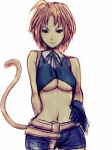 :3 belt bottomwear breasts clothing crossgender female hair hand_on_hip midriff orange_hair shorts simple_background solo tail under_boob white_background fumio936 final_fantasy final_fantasy_ix square_enix zidane_tribal humanoid tailed_humanoid 3:4