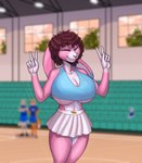 anthro big_breasts blurred_background bottomwear breasts brown_hair carrot cheering cheerleading_pose clothed clothing crop_top curly_hair detailed_background exhibitionism exposure_variation female floppy_ears food gesture hair hand_gesture huge_breasts jumping no_underwear pink_body plant public shirt skimpy skirt solo topwear under_boob v_sign vegetable white_bottomwear white_clothing white_skirt mortarionlordofdeath background_character remmy_(remybunny) lagomorph leporid mammal rabbit hi_res trans_(lore) trans_woman_(lore)