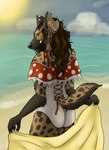 anthro beach brown_hair butt character_grata clothing curled_hair ear_piercing ear_ring female fungus fur hair long_hair markings mushroom one-piece_swimsuit orange_eyes piercing ring_piercing sand sea solo spots spotted_body spotted_fur sunny swimwear tail torn_ear water wet wet_body wet_fur thehatredburrito gnoll hyena mammal absurd_res hi_res