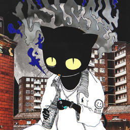 alcohol anthro apartment_building beer_bottle beverage black_body blue_smoke bottle brick brick_wall chain_necklace cigarette cigarette_in_mouth cigarette_smoke city city_background clock clothing container cross cross_necklace detailed_background grey_smoke holding_beverage holding_bottle holding_container holding_object jacket jewelry lighter male moon necklace night object_in_mouth shirt smoke smoking smoking_cigarette solo stylized_text tail topwear wall_(structure) watch white_clothing white_jacket white_shirt white_topwear wristwatch yellow_sclera cals.castle lausse_the_cat ralph_lauren lausse_the_cat_(lausse_the_cat) domestic_cat felid feline felis mammal 1:1 chromatic_aberration digital_media_(artwork) half-length_portrait hi_res portrait