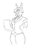 accessory antlers big_breasts breasts buckteeth clipboard clothing female freckles hair hair_accessory hairband horn short_hair simple_background solo standing suit teeth white_background v-olk deltarune undertale_(series) noelle_holiday 2022 monochrome sketch