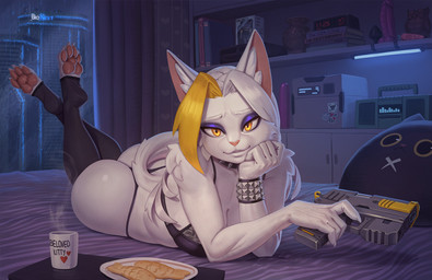 4_toes 5_fingers alarm_clock anthro bed bedroom_eyes biped blonde_hair book bra bracelet breasts butt buttplug claws clock clothed clothed_anthro clothed_female clothing collar container cookie cup cyberpunk dildo eyeshadow feet female finger_claws fingers food front_view fur furniture gun hair handgun head_on_hand highlights_(coloring) holding_gun holding_handgun holding_object holding_pistol holding_ranged_weapon holding_weapon inside jewelry looking_at_viewer lying makeup multicolored_hair narrowed_eyes on_bed on_front panties pawpads paws pistol plug_(sex_toy) purple_eyeshadow raining ranged_weapon seductive sex_toy solo spiked_collar spikes steam stereo tail text toe_claws toeless_legwear toeless_stockings toes two_tone_hair underwear underwear_only weapon white_body white_fur white_hair white_tail window yellow_eyes hacatiko zefirka_(hacatiko) domestic_cat felid feline felis mammal 2026 digital_drawing_(artwork) digital_media_(artwork) english_text hi_res