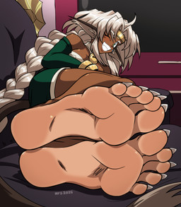 5_toes braided_hair braided_ponytail claws dark_body dark_skin feet female foot_focus hair humanoid_feet lying on_side one_eye_closed plantigrade ponytail soles solo toe_claws toes white_hair wink mostlyfunstuff outlaw_star aisha_clanclan animal_humanoid ctarl-ctarl felid felid_humanoid humanoid mammal mammal_humanoid 2026 absurd_res hi_res