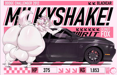 anthro balls big_balls big_butt bodily bodilyfluid butt car genitals horn huge_balls huge_butt hyper hyper_balls hyper_butt hyper_genitalia machine male pink_body solo vehicle gabsimmons_art dodge_(brand) canid canine fox mammal hi_res