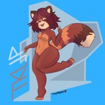 abstract_background anthro brown_eyes energetic fangs female fluffy gesture hand_gesture looking_aside no_shoes pose simple_background smile solo teeth v_sign tkupbook tkup_(tkupbook) mammal procyonid raccoon 1:1 hi_res pinup