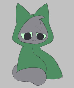 :3 cloak clothed clothing green_cloak green_clothing green_sclera grey_background grey_body male sad simple_background sitting solo tail tuft gooblie_2 isaac_(gooblie_ii) domestic_cat felid feline felis mammal
