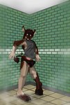 5_fingers anthro back_to_wall balls black_hooves brown_body brown_fur brown_hair clothing equine_mane erection erection_in_underwear erection_under_clothing feet fingers floor fur fur_growth genitals green_eyes grey_clothing grey_shirt grey_topwear growth hair hair_to_fur highlights_(coloring) hooves human_to_anthro inside leaning_against_wall male mane mid_transformation open_mouth plantigrade plantigrade_to_unguligrade red_highlights shirt shocked snout snout_growth solo species_transformation standing steam surprised tail tail_tuft tank_top teeth tight_clothing tile tile_floor tongue topwear transformation tuft underwear wide_eyed easyspark xaie asinus donkey equid equine human mammal weredonkey shaded