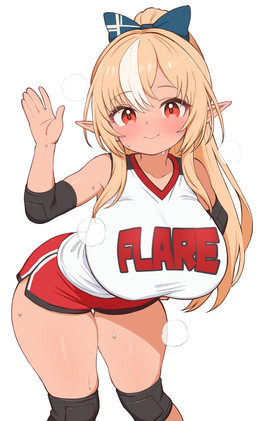 accessory big_breasts blonde_hair blush bodily_fluids bottomwear bow_ribbon breasts clothing female gesture hair hair_accessory hair_bow hair_ribbon huge_breasts humanoid_pointy_ears looking_at_viewer not_furry pointy_ears ponytail red_eyes ribbons shirt shorts simple_background smile smiling_at_viewer solo steam sweat tanned_skin text text_on_clothing text_on_shirt text_on_topwear thick_thighs topwear waving waving_at_viewer zazami_d hololive vtuber flare_shiranui elf humanoid hi_res