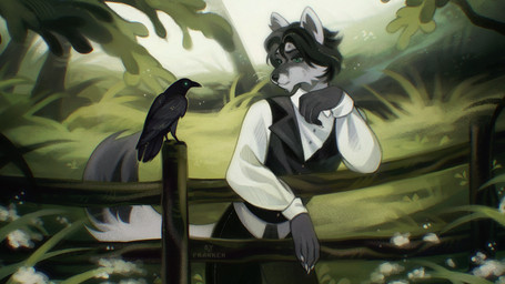 ambiguous_gender anthro beak black_body black_hair clothing dipstick_tail duo fence feral grass hair male markings outside plant size_difference smile tail tail_markings topwear vest whiskers wood wood_fence franken avian bird canid canine corvid corvus_(genus) crow fox mammal oscine passerine 16:9 2025 digital_media_(artwork) hi_res widescreen