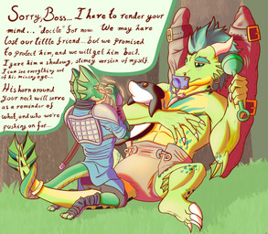 3_toes 4_toes ageplay anthro armor clean_diaper cloth_diaper clothed clothing dialogue diaper duo entwined_tails feet hypnosis infantilism magic male mind_control muscular object_in_mouth pacifier pacifier_in_mouth plushie rattle roleplay tail tail_coil text toes wearing_diaper lonegreenorcacalf mythology dragon kobold mythological_creature mythological_scalie scalie absurd_res english_text hi_res