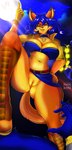 anthro blue_bottomwear blue_clothing blue_hair blue_topwear bottomwear clothing female first_person_view front_view fur genitals gradient_fur hair humanoid_genitalia humanoid_pussy long_hair looking_at_viewer moon narrowed_eyes night orange_body orange_eyes orange_fur pussy sky solo standing submissive submissive_pov text topwear yellow_body yellow_fur yellow_pussy norakaru sly_cooper_(series) sony_corporation sony_interactive_entertainment sucker_punch_productions carmelita_fox sly_cooper canid canine mammal procyonid raccoon artist_name hi_res