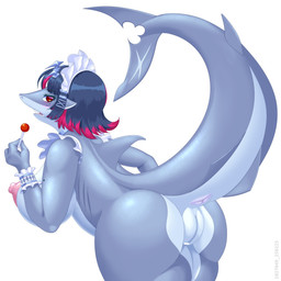 alternate_species anthro anus breasts butt candy dessert female fin food furrification genitals gills hair holding_candy holding_food holding_lollipop holding_object lollipop looking_at_viewer looking_back looking_back_at_viewer maid_headdress nipples open_mouth raised_tail red_eyes simple_background solo tail vulva white_background kasetsu_hanga mihoyo zenless_zone_zero ellen_joe aquatic fish shark 1:1 2025 censored digital_media_(artwork) hi_res