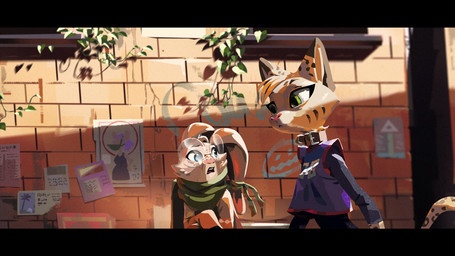 anthro big_pupils black_bars blue_eyes brown_body brown_fur cheek_tuft clothing collar crossed_arms detailed_background dilated_pupils duo eyewear facial_markings facial_tuft female floppy_ears freckled_face freckles fur glasses graffiti green_eyes head_markings head_tuft jersey long_ears long_sleeve_shirt long_tail looking_aside markings open_mouth pointy_ears pupils scarf shirt spots spotted_body spotted_fur striped_markings stripes sweater tail text text_on_clothing tied_ears topwear tuft walking wearing_glasses yellow_body yellow_fur young ruffu pepper_in_the_sandbox paddy_(ruffu) pepper_(ruffu) felid feline lagomorph leporid mammal rabbit serval 16:9 digital_media_(artwork) digital_painting_(artwork) high_contrast letterbox painting_(artwork) widescreen