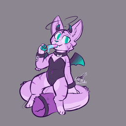 anthro clothed clothing collar female food fur genitals hair looking_at_viewer popsicle smile solo tail tail_mouth text tongue topwear unusual_anatomy unusual_tail vulva wings cupoflavender lavender_(cupoflavender) domestic_cat felid feline felis mammal 1:1 digital_media_(artwork) english_text hi_res