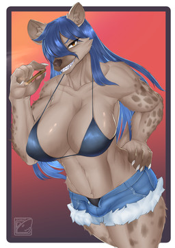 anthro bikini bikini_top blue_bottomwear blue_clothing blue_eyebrows blue_hair bottomwear breasts brown_body brown_fur brown_spots bulge cigarette clothing collarbone denim denim_bottomwear denim_clothing denim_shorts eyebrows fur gynomorph hair hair_over_eye hand_on_hip holding_cigarette holding_object inner_ear_fluff intersex looking_at_viewer one_eye_obstructed pose shorts solo spots swimwear teeth tuft two-piece_swimsuit omega56 interspecies_reviewers elza_(interspecies_reviewers) hyena mammal spotted_hyena absurd_res hi_res