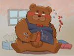 anthro apron balls blush bow_tie brown_body brown_fur clothing erection eyebrows fur genitals kemono male masturbation penis sitting solo text toony gamma-g kumalino sanrio roast_(kumalino) bear mammal 2023 hi_res japanese_text