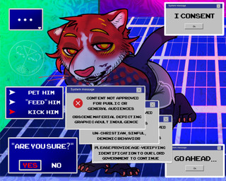 age_restriction anthro bottomwear censor_bar clothed clothing decision_making degradation dialogue geometric_background grid_background grid_layout hazard_symbol implied_permanent kneeling lipstick machine makeup male pattern_background political_cartoon politics shaming shorts shorts_only simple_background smeared_lipstick smudged_makeup solo symbol text text_box text_censor tired_eyes topless virtual_reality agavegator are_you_sure? image_comics invincible_(image_comics) kitt_(agavegator) felid feline flat-headed_cat mammal prionailurus 5:4 censored content_warning digital_media_(artwork) english_text meme