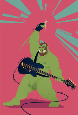 abstract_background balls bass_guitar beard blue_hair bodily_fluids body_hair brown_beard brown_facial_hair brown_hair chest_hair eyes_closed facial_hair front_view genital_fluids genitals green_balls green_body green_nipples green_penis green_skin grin guitar hair humanoid_pointy_ears male multicolored_hair musclegut muscular muscular_humanoid muscular_male musical_instrument nipples nude overweight overweight_humanoid overweight_male pecs penis playing_guitar playing_music plucked_string_instrument pointy_ears precum precum_string short_hair smile solo standing string_instrument teeth two_tone_hair chocolateandmilk humanoid orc full-length_portrait hi_res portrait