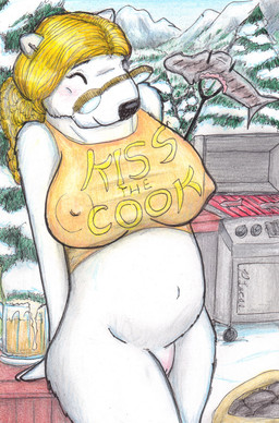 alcohol anthro barbecue beer beverage blonde_hair bottomless breasts clothed clothing cooking cutlery eyes_closed eyewear female food fork fur genitals glasses hair kitchen_utensils mature_anthro mature_female navel nipple_outline nipples outside shirt slightly_chubby snow solo tools topwear vulva white_body white_fur paul_lucas paloma aquatic bear fish mammal polar_bear ursine hi_res traditional_media_(artwork)