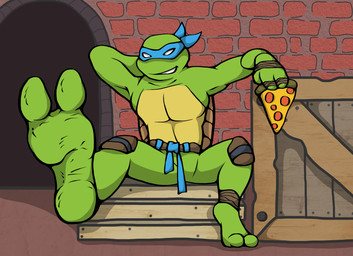 2_toes anthro feet food foot_focus looking_at_viewer male mask ninja pizza shell sitting smile solo toes warrior kiwifizz teenage_mutant_ninja_turtles leonardo_(tmnt) amphibian humanoid mammal reptile scalie turtle hi_res