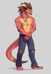 anthro barefoot bottomwear brown_body clothed clothing feet grey_background horn jewelry male necklace pants red_body simple_background solo standing tail topless draftgon mythology ferall_(draftgon) dragon mythological_creature mythological_scalie scalie absurd_res hi_res