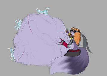 alternate_species anthro belly belt big_belly boots bottomwear clothing collar cybernetic_arm cybernetic_limb footwear fur hair hand_on_belly huge_belly hyper hyper_belly male mask mechanical_arm multicolored_body multicolored_fur orange_hair pants purple_body purple_fur red_eyes rumbling_stomach shoes solo sound_effects star tail two_tone_body two_tone_fur vore cerindaemon bandai_namco digimon digimon_beatbreak cerin_(cerindaemon) digimon_(species) wolvermon 2025 digital_media_(artwork) hi_res