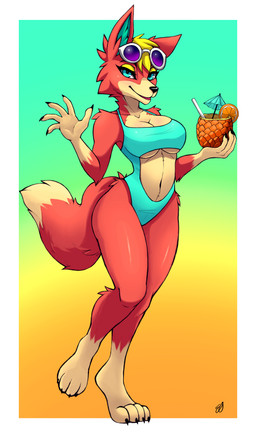 4_toes 5_fingers anthro beverage blonde_hair blue_eyes breasts clothed clothed_anthro clothed_female clothing eyewear eyewear_on_head feet female fingers fur hair hindpaw holding_beverage holding_object humanoid_hands looking_at_viewer navel one-piece_swimsuit orange_body orange_fur paws solo sunglasses sunglasses_on_head swimwear toes wearing_sunglasses naaraskettu animal_crossing nintendo audie_(animal_crossing) canid canine canis mammal wolf absurd_res hi_res