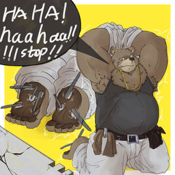 belt brown_body brown_fur brush chain clothing feet fur male nude simple_background smile tickling topwear vest aciag mihoyo zenless_zone_zero ben_bigger bear brown_bear mammal ursine 1:1 absurd_res hi_res