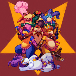 anthro belly bulge clothing fool's_hat group group_pose hat headgear headwear male pose sentai_inspired slightly_chubby smile smirk smug team_pose thong underwear traknoch kings_of_hell acedia_(kings_of_hell) avaritia_(kings_of_hell) gula_(kings_of_hell) invidia_(kings_of_hell) ira_(kings_of_hell) luxuria_(kings_of_hell) superbia_(kings_of_hell) demon imp kobold scalie 1:1 hi_res