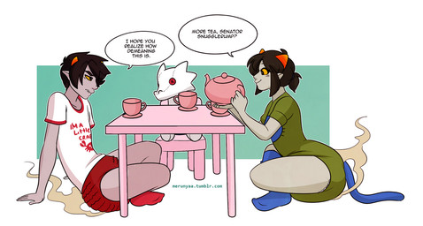 clothing diaper duo feces female male onesie soiled soiled_diaper stink_fumes tea_party text unclean_diaper used_diaper merunyaa homestuck ms_paint_adventures karkat_vantas nepeta_leijon alien humanoid troll_(homestuck) english_text