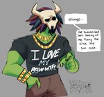 5_fingers anthro bottomwear bracelet brown_bottomwear brown_clothing clothing confusion dialogue fingers green_body green_scales green_skin grey_background hand_in_pocket headdress humor jewelry male mask muscular muscular_anthro muscular_male necklace pockets scales shirt simple_background skull_mask speech_bubble t-shirt topwear rekkadraws terraria witch_doctor_(terraria) zoologist_(terraria) lihzahrd lizard reptile scalie 2024 digital_drawing_(artwork) digital_media_(artwork)