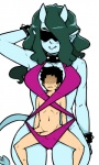 anthro balls bikini black_hair blue_body blue_skin clothing duo erection eyewear genitals hair horn long_ears long_hair male penis size_difference sunglasses swimwear two-piece_swimsuit wristband momorodent demon human mammal