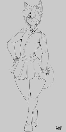 angry annoyed anthro bottomwear claws clothed clothing collared_shirt crossdressing dress_shirt femboy footwear hair hair_over_eye hand_on_hip legwear male one_eye_obstructed pleated_skirt school_uniform shirt shoes skirt solo standing text thick_thighs thigh_highs topwear uniform wide_hips anixis conditional_dnp raiden_(zapaeryan) anubian_jackal canid canine canis jackal mammal 2023 absurd_res artist_name dated full-length_portrait hi_res monochrome portrait
