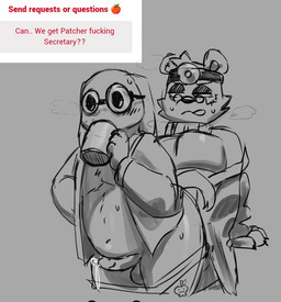 anthro bear_ears black_eyelids blush blush_lines bodily_fluids bottomwear bottomwear_down cheek_tuft claws clothed clothing container cup duo eyelashes eyewear facial_tuft floppy_ears glasses head_tuft licking licking_lips male male/male medical_instrument mug pants pants_down partially_clothed patchwork profanity scientific_instrument short_tail simple_background slightly_chubby slightly_chubby_anthro slightly_chubby_male stethoscope strawpage_request sweat sweater tail text tongue tongue_out topwear tuft apple_mortar_(artist) animal_hospital strawpage toons_universe patcher_(toons_universe) ron_from_accounting_(animal_hospital) bear domestic_rabbit lagomorph leporid lop_rabbit mammal oryctolagus rabbit crossover english_text