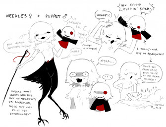 :3 >_< ambiguous_gender black_body black_eyes black_feathers black_tail bodily_fluids dialogue duo ellipsis eyes_closed feathers fur hitting hitting_head holding_sewing_needle insult insulting_another looking_at_another multiple_angles open_mouth open_smile profanity puppet sewing_needle sharp_teeth simple_background smile speech_bubble sweat tail teeth text white_background white_body white_fur jejejunum needles_(jejejunum) puppet_(jejejunum) animal_humanoid avian avian_humanoid bird_humanoid humanoid living_puppet 2026 english_description english_text full-length_portrait hi_res model_sheet portrait
