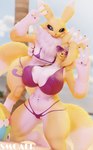 3d_(artwork) 4_fingers age_difference anthro ball bandai_namco beach beach_ball big_breasts big_butt bikini blender_(artwork) blender_cycles breasts butt clothing curvy_figure digimon digimon_(species) digital_media_(artwork) duo female female/female fingers fur hair hi_res inflatable looking_at_viewer mane older_female palm_tree plant pose renamon renamon_(dogzeela) sand small_breasts smoaer swimwear taomon taomon_(dogzeela) tongue tongue_out tree voluptuous white_hair white_mane yellow_body yellow_fur